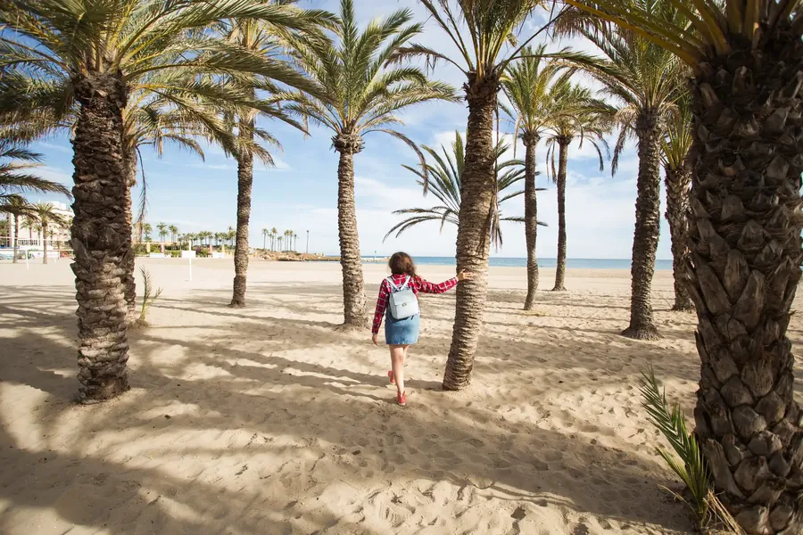 A woman walking along a wide sandy beach lined with coconut palms