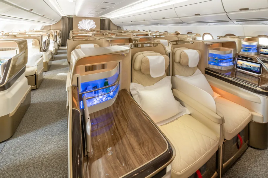Business Class seats in a 1-2-1 layout on the Emirates Airbus A350
