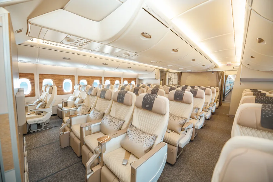 Cream coloured seats in the Emirates Premium Economy cabin