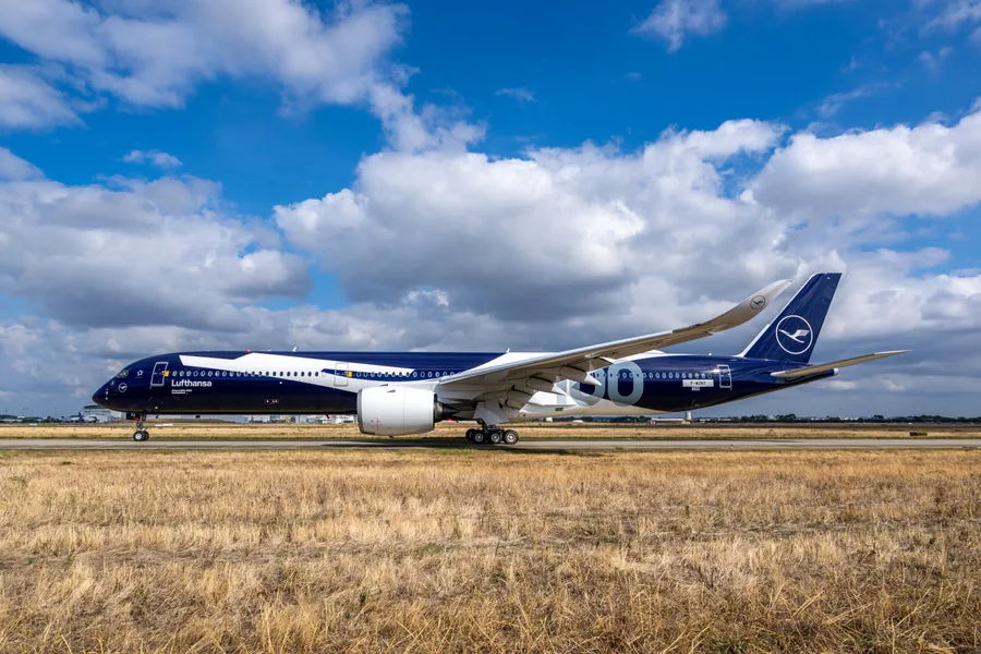 The first Lufthansa Airbus A350-1000, named Deutschland, in the anniversary livery
