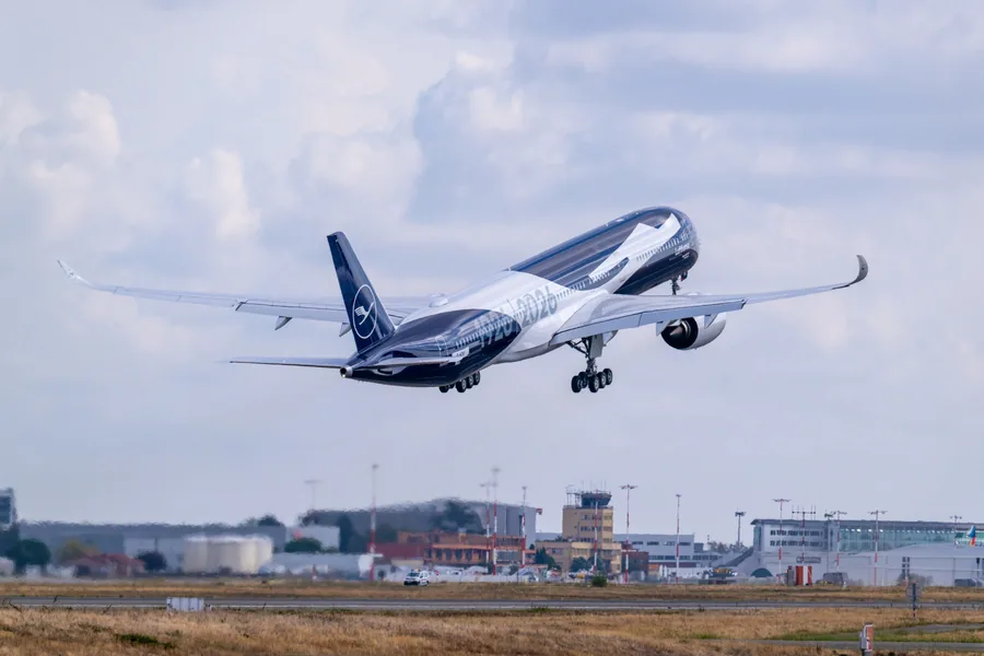Lufthansa Airbus A350-1000 in the anniversary livery on take-off