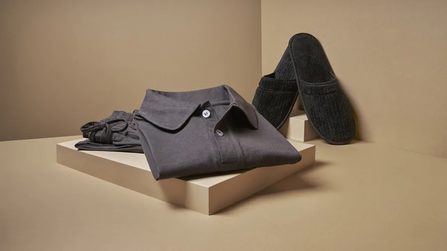 Dark grey cotton sleeper suit and coral fleece slippers for Singapore Airlines Suites and First Class