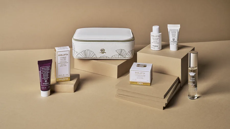 SISLEY women’s amenity kit for Singapore Airlines Suites and First Class with orchid emblem and gingko leaf pattern