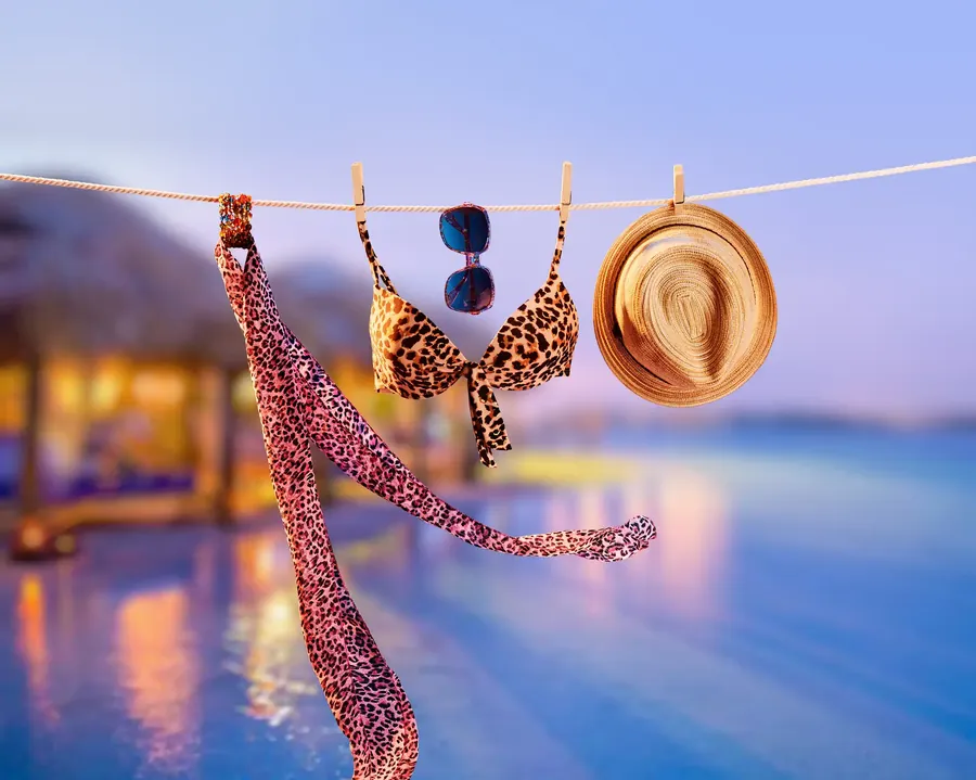 Beach accessories hanging on a clothesline